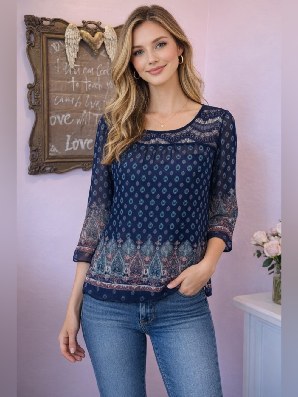 Anthropologie Mine Navy & Teal Printed Lace-Yoke Blouse